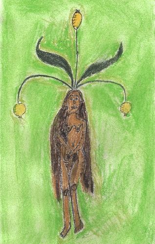 Figur mit Blumen auf grünem Grund