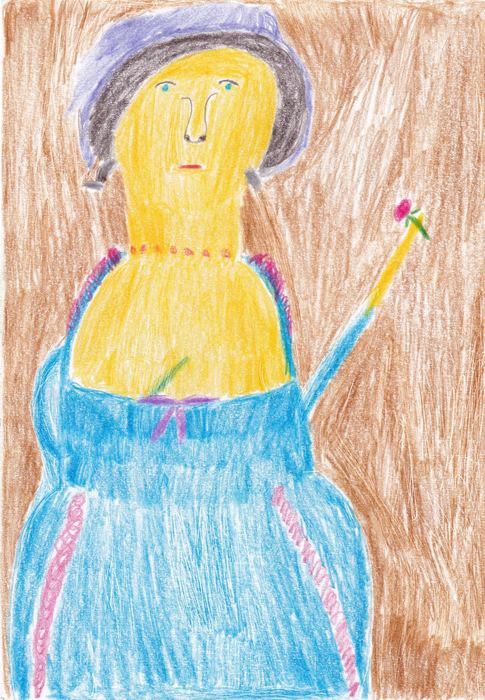 Dame in blauem Kleid mit Hut